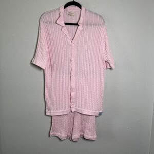 Reuben Oliver Sweater Set Women’s Large Pink Cableknit Pima Cotton Shirt‎ Shorts